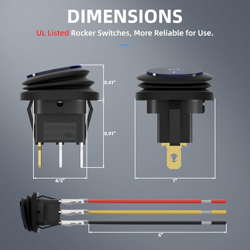 DaierTek 12V Waterproof Round Rocker Switch Blue LED Lighted [UL Listed] ON Off 3 Pin 12 Volt 20A Weatherproof Illuminated Toggle for Marine Car RV Truck -5Pack