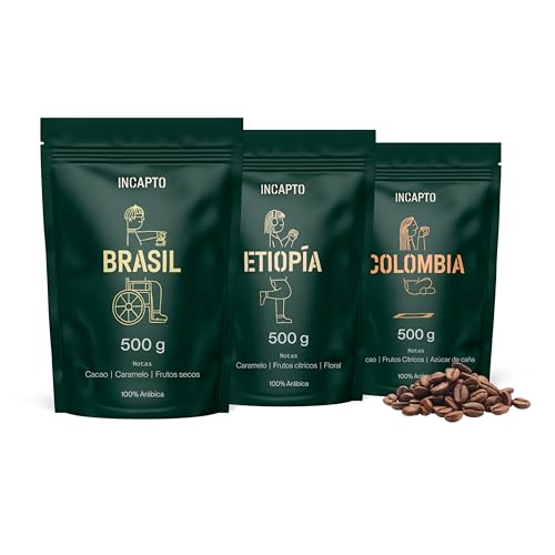 Incapto Pack de café Best Sellers | café em grão natural de especialidade, origens - Colômbia, Brasil e Etiópia, Specialty Coffee 80 pontos SCA, 3 embalagens de 500 g