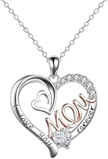 I LOVE YOU Mom Birth Stones Necklace, Silver Love Heart Pendant Necklace for Mom, Necklace Gift for Mother with 18''+2'' Chain