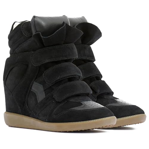 Image of Wedge Sneakers for Women Suede Tennis Shoes Hidden Wedges Round Toe Strappy High Top Sneakers Comfy Casual Walking Shoes