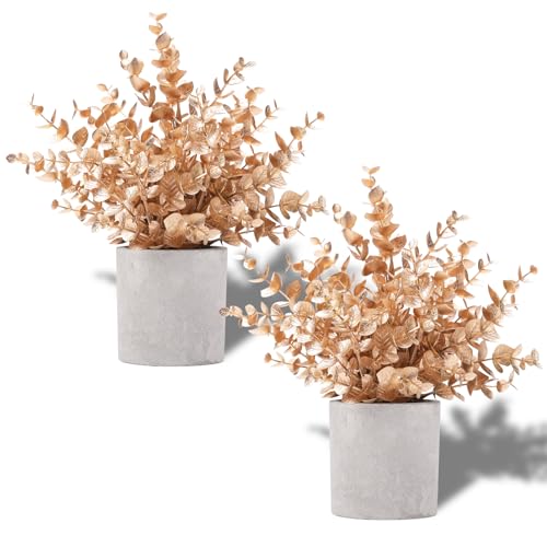 Coferset 2 Pack Gold Eucalyptus Small Fake Plants Potted Artificial