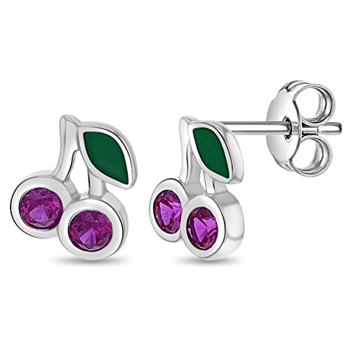 925 Sterling Silver Glittering Cherry Standard Push Back Earrings For Young Girls & Preteens - Small Fuchsia Cubic Zirconia Stone Cherry Earrings For Little Girls - Fruit Earrings For Chidren