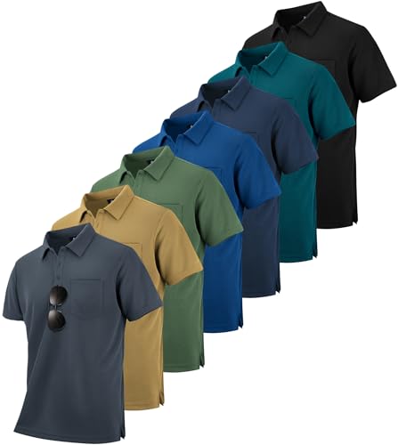 ZITY 7 Pack Mens Polo Shirts with Pocket Moisture Wicking Short Sleeve Outdoor Golf Athletic Work Multipack Shirts