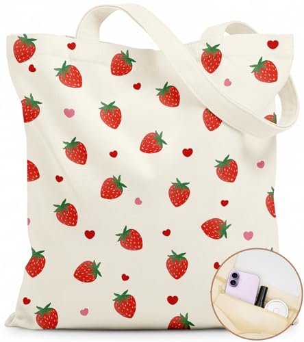 Puresora Canvas Tote Bag for Women Aesthetic Canvas Bag with Zipper Cute Stylish Reusable Shoulder Totes for Shopping Work Daily Strawberry