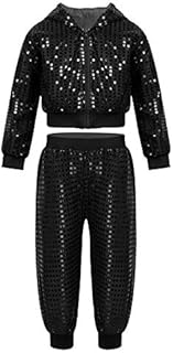 Agoky Kids Boys Girls Shiny Jacket Coat Hooded Tops Pants Street Dance Outfits for Hip-hop Jazz Dance Stage Performance Black 10-12