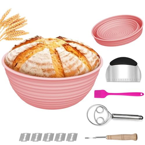 Zemoeng Sourdough Bread Baking Supplies, 9 inch Round Silicone Bread Proofing Basket Banneton Sourdough Starter Kit, Sourdough Proving Baskets Set for Beginners and Pro Bakers