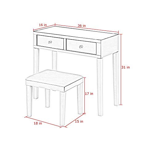 Inspired Home Juliet Modern Contemporary Mirrored 2-Drawer Vanity Table With Stool Set, White #TOP6