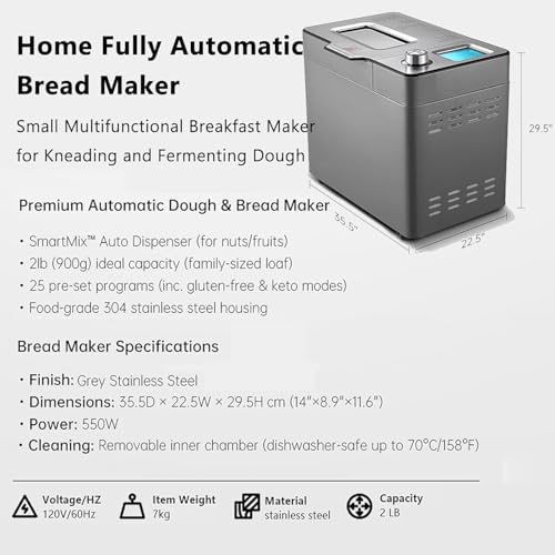 Programmable Bread Maker Machine with Stainless Steel Finish, 25 Smart Programs, Custom Settings & Keep Warm Feature for Various Dough Types - Image 2