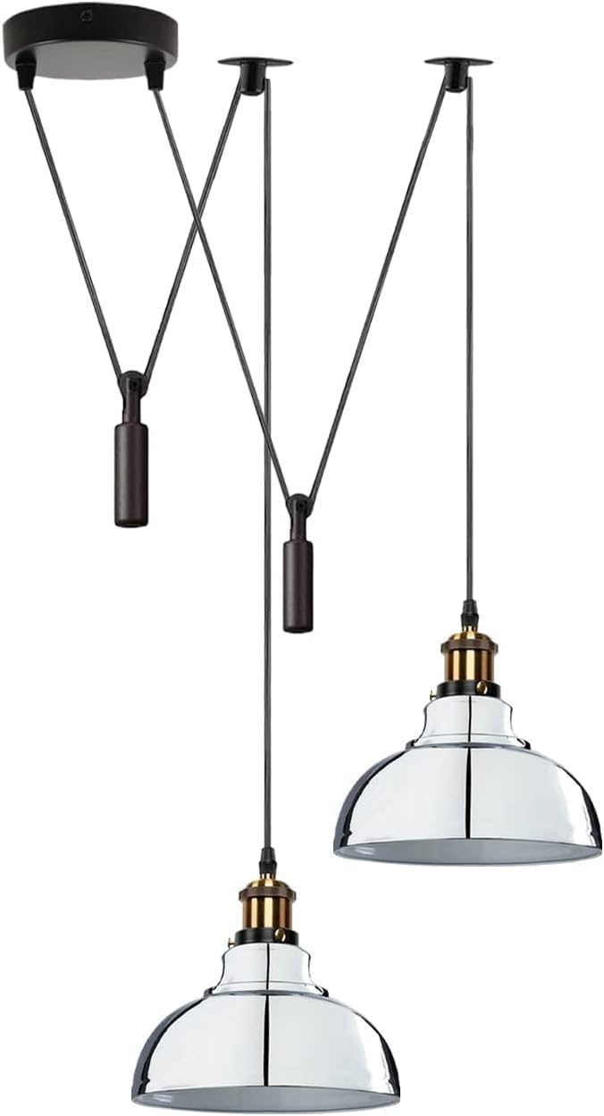 DC VOLTAGE 2 Head Spider Pendant Light, Industrial Retro Ceiling Light, 29cm Chrome Metal Shades, Adjustable Cable, E27 Bulb Base, Vintage Hanging Lamp for Kitchen, Dining Room, Restaurant