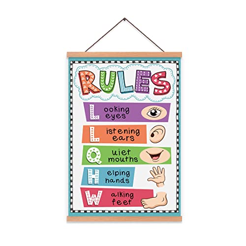 CHDITB Classroom Rules Art Prints, Colorful Learning Saying Magnetic Natural Wood Hanger Frame Poster, Nursery Quote Sign Education Canvas Painting 28x45 cm Wall Hanging Picture for Classroom Decor.