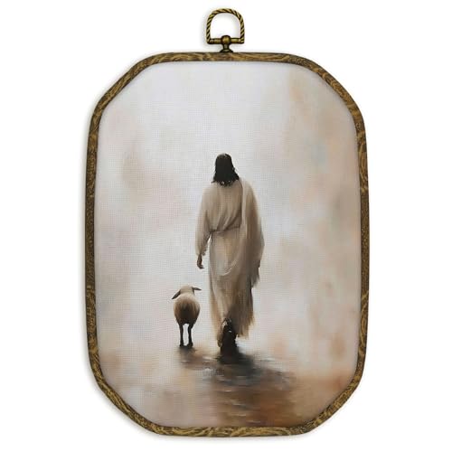nvucamd Christian Jesus and the Lost Lamb Wall Art Decor Framed, Religious Sheep Easter Octagon Canvas Prints Wall Art, Vintage Jesus Leaves the 99 Sheep Hanging Decor for Living Church Prayer Room, 10.2x7