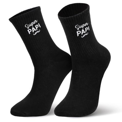 DOORIO Chaussettes Homme Super Papi Brodé Cadeau Fête des Grand-Pères, Noir