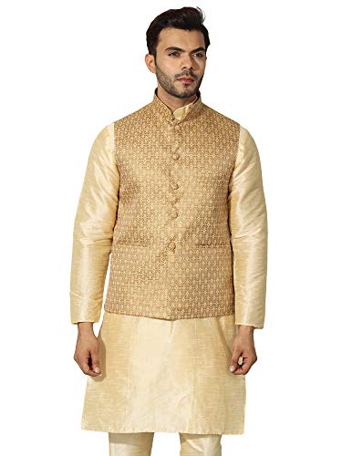 Image of Uri and MacKenzie Men's Silk Blend Regular Kurta Churidar Pyjama with Bundi Nehru Jacket /Waistcoat