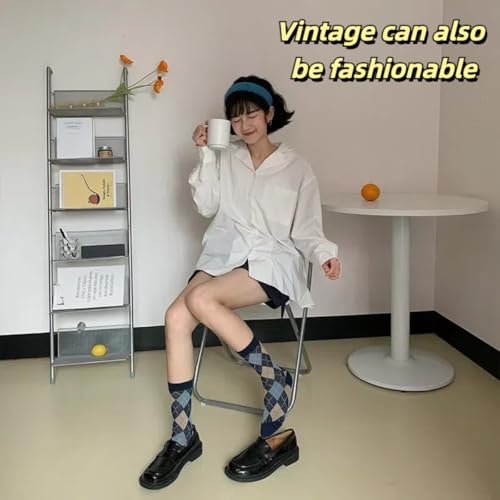 Argyle Socks Retro Big Diamond Lattice High Ankle Women Cotton 6 Pairs Double-Needle Double-Layer Crew Sock4