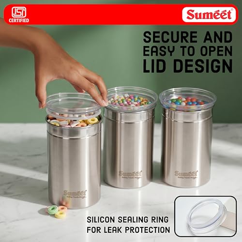 Image of Sumeet ISI Certified Stainless Steel Big Canisters /Dabba /Storage Containers for Kitchen with See Through Air Tight Lid - Set of 3 Pcs - 1100ml, 10cm Dia, Silver
