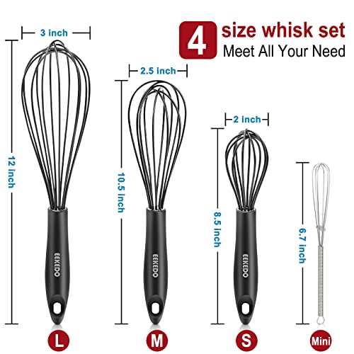 Hotec 4 Pieces Silcone Whisks Set, Wire Balloon Whisks Egg Beater, Non-Slip Handle Whisk For Non-Stick Cookware Perfect For Cooking, Stirring, Beating And Blending (Black) #TOP5