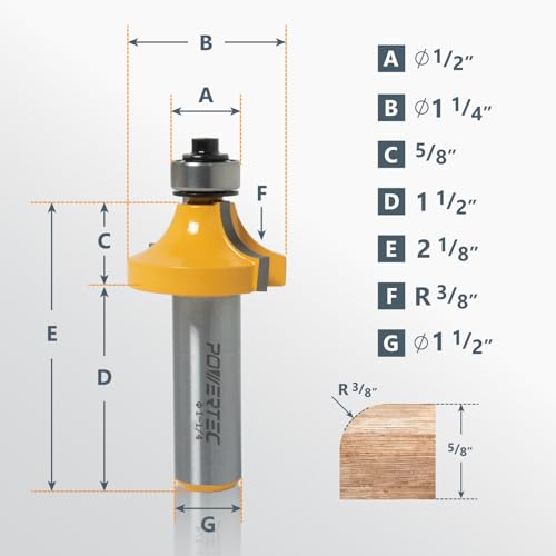 Image of POWERTEC Roundover Router Bit with Top Bearing, 1 /2 inch Shank, 1-1 /4 inch, 3 /8 inch Radius, Tungsten Carbide Tipped Woodworking Router Bits for use on Router Tool for Wood and DIY Projects, 2PK (73049-P2)