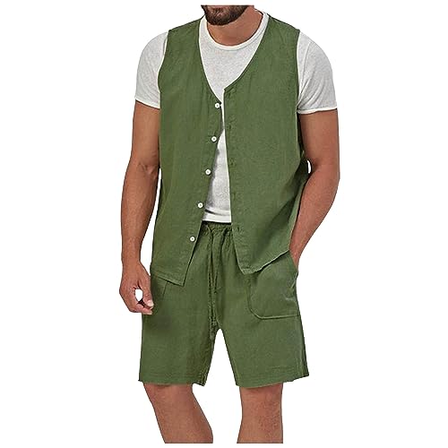 2 Piece Mens Lightweight Vest Casual Summer Button Up Sleeveless Cooling Vests Shorts Regular Fit Beach Wear Outfits - Main Image