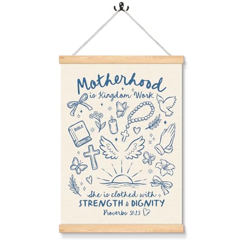 ELMCH Christian Nursery Wall Art Decor, Bible Verse Posters & Prints, Motherhood Is Kingdom Work Religious Wall Art Framed with Wood Hanger for Girl Nursery Room Bedroom Church Decor, 12x16 Inch
