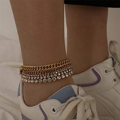Kelistom Cuban Link Rhinestone Tennis Anklet Set For Women Teen Girls, 18K Gold Or White Gold Plated Chain Ankle Bracelets For Women With Extension #TOP1