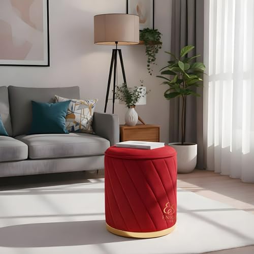 Image of Luxury Round Velvet Ottoman Stool with Gold Base - Modern Upholstered Footrest Pouffe, Tufted Vanity Seat, Living Room Bedroom Dressing Stool (Red)