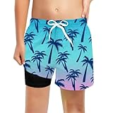Boys High Waist Beach Shorts Compression Liner,Summer Hawaiian Print Quick Dry Swim Trunks,2026 Fashion Board Shorts Purple,160