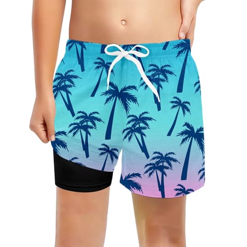 Boys High Waist Beach Shorts Compression Liner,Summer Hawaiian Print Quick Dry Swim Trunks,2026 Fashion Board Shorts Purple,160