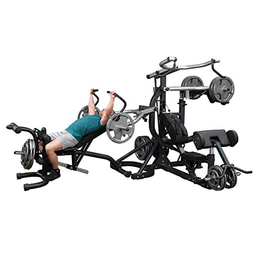 Body-Solid (SBL460P4) Free-Weight Leverage Gym with Squat Attachment and Olympic Leverage Flat Incline Decline Machine with Bench, Arm & Leg Strength Training Functional Exercise Workout Station