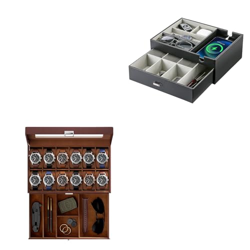 ProCase Double Layer Valet Tray Bundle with 12 Slot Watch Display Case With Glass Lid