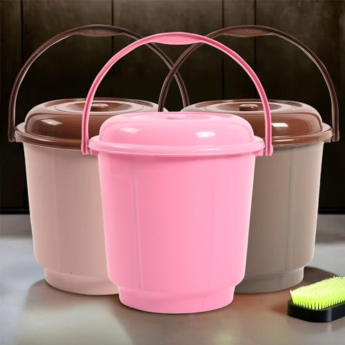 Image of Kuber Industries 3 Pcs 18 Liter Plastic Bucket for Bathroom | Plastic Bucket for Daily Use | Water Storage Bucket | Balti for Bathroom | Pink-Peach & Mink Grey