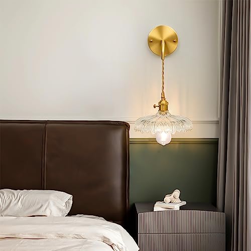 Shenmoyl Vintage 1-Light Wall Sconces Clear Flower Shade Pattern Glass Adjustable Chain Retro Gold Wall Mounted Light, Wall Lamp Fixtures Decor For Bedside Bedroom Indoor Doorway #TOP3