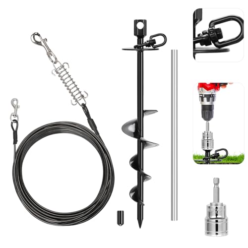 tinnmao 30 FT Dog Tie Out Cable with Screw-in Spiral Stake 12mm Thick 15.7(40cm) Coated Carbon Steel Anchor (7cm Helix) Shock Spring + Dual Swivel Outdoor Tether for Yard & Camping
