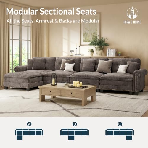 Image of HERA'S HOUSE 150 inch Oversized L Shaped Modular Sectional Couch Living Room | Mid-Century Modern 5-Seater Cloud Sofa, Grayish Brown, Rolled Arms & Nailhead Trim, Wider & Deeper Seats, Ottoman, Chenille