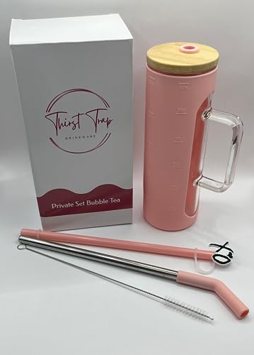 Thirst Trap Drinkware 20 oz Glass Tumbler with Handle, Boba Coffee Smoothie Cup with Bamboo Lid, Silicone Protective Sleeve, BPA Free (Pink)
