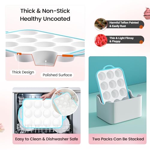 Fimary Silicone Muffin Pans for Baking 2 Pack, 2.6 Inch with Metal Reinforced Frame, Regular Size Nonstick Cupcake Pan 12 Cups for Baking Homemade Muffins, Dishwasher Safe BPA Free-Blue