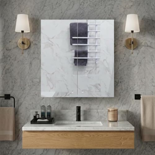 Image of Lucios Stainless Steel Bathroom Cabinet with Mirror, Wall Mounted Medicine Cabinet for Bathroom Storage, Rustproof & Waterproof Design, Adjustable Shelves (Stainless Steel, 18 * 18 Inch)