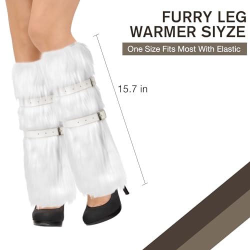 Image of QZUnique Faux Fur Leg Warmer with PU Belt Warm Furry Winter Boot Cuff Covers Women Fuzzy Leg Sleeves Party Accessory Set
