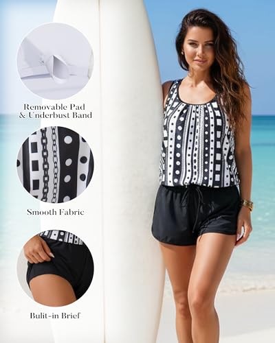 Image of Aidonger Women's Tankini Swimsuit Modest Two Piece Bathing Suit Tummy Control Athletic Blouson Tank Top with Short Bottoms
