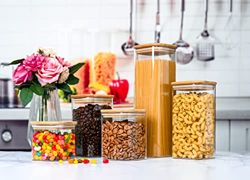 5 Square Canisters, Glass Kitchen Canister With Airtight Bamboo Lid, Glass Storage Jars For Kitchen, Bathroom And Pantry Organization Ideal For Flour, Sugar, Coffee, Candy, Snack & More #TOP5