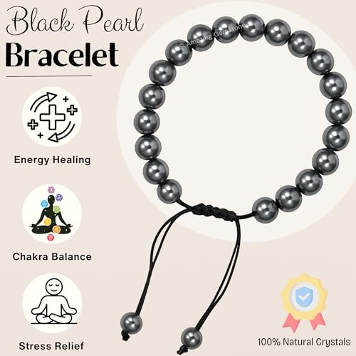 Amazing Gemstone Black Pearl Bracelet for Women Men's Gifts - Protection Healing Crystal Bracelet - 8mm Gemstone Beaded Adjustable Bracelet Pulseras Para Hombres Mujer Stocking Stuffers - Image 4