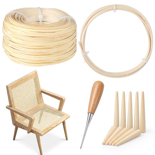 Sieral Rattan Repair Kit Includes 1 PC 1/10inch x 270ft Flat Cane Webbing Roll, 4/25 Inch x 7.8ft Spline, Caning Chisel and 12 Pcs Wooden Pegs for Chair, Cabinet & Wicker Furniture Restoration