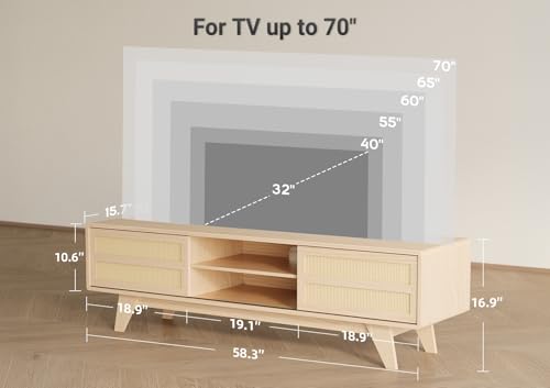 Image of Claiks Boho TV Stand for 70 Inch TV, Modern TV Console with 2 Rattan Storage Cabinets & Adjustable Shelf, Woven TV Stand for Living Room, Oak Color