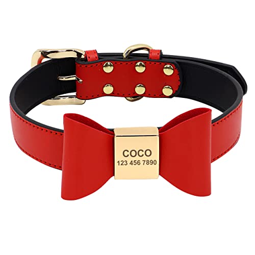 Beirui Cute Personalized Bowtie Dog Collar for Small Medium Dogs Puppy,Soft PU Leather Dog Collar Custom with ID Name,Adorable Puppy Cat Bowknot Collar,Red,XS