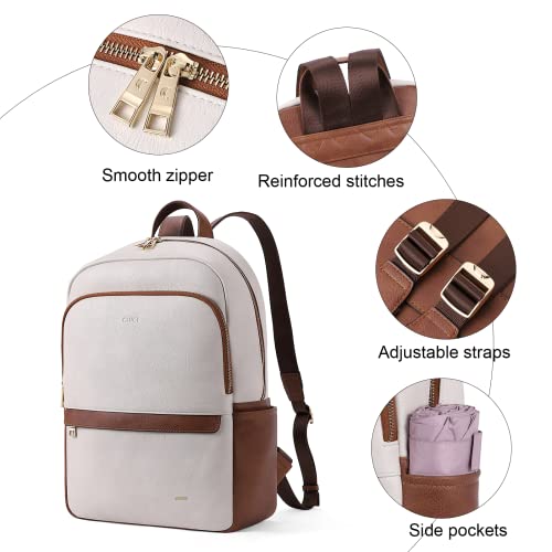 Cluci Leather Laptop Backpack For Women 15.6 Inch Computer Backpack Stylish Travel Backpack Airline Approved Work Daypack Bag Off-White With Brown #TOP4