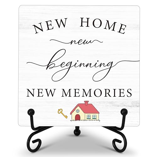 New Home Gift Desk Sign, New Home New Beginning New Memories Wooden Plaque Sign With Iron Stand, Housewarming Gifts for Women Men, Christian Wood Sign Desk Decor for Farmhouse Home Living Room Table