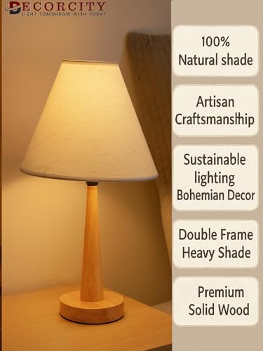 Image of Modern Wooden Table Lamp with Fabric Shade | Warm Ambient Lighting for Bedroom, Living Room & Home Decor | Bedside Nightstand Lamp with Soft Glow | Minimalist Design (Beige)