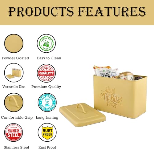 Image of Elan Pantry Organizer for Kitchen Storage | Pantry Organiser Box | Large Metal Kitchen Storage Bin with Lid | Multipurpose Food Storage Container for Kitchen (Tit Bits, Daisy Yellow) 5000 ml