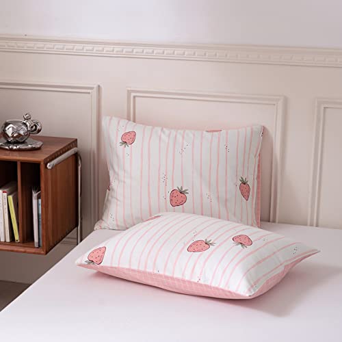 Vclife Pink Strawberry Duvet Cover Cotton Twin Pink White Bedding Sets Modern Reversible Plaid Stripe Comforter Quilt Cover Sets & Pillowcases, 1 Twin Size Strawberry Duvet Cover And 2 Pillowcases #TOP6
