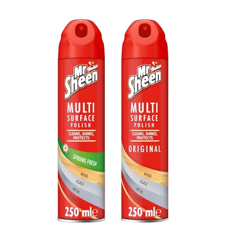 Mr Sheen Multi Surface Polish Aerosol 250ml | Original & Spring Fresh | Cleans, Shines & Protects Wood, Glass, Metal, Plastic | Pack of 2