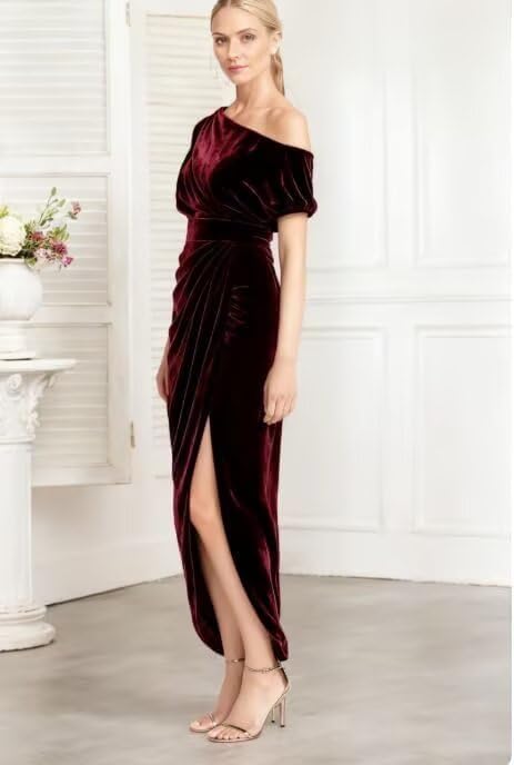 One Shoulder Velvet Bridesmaid Dress with Slit 2026 Maxi Pleated Formal Evening Party Dress KN090 - Image 2